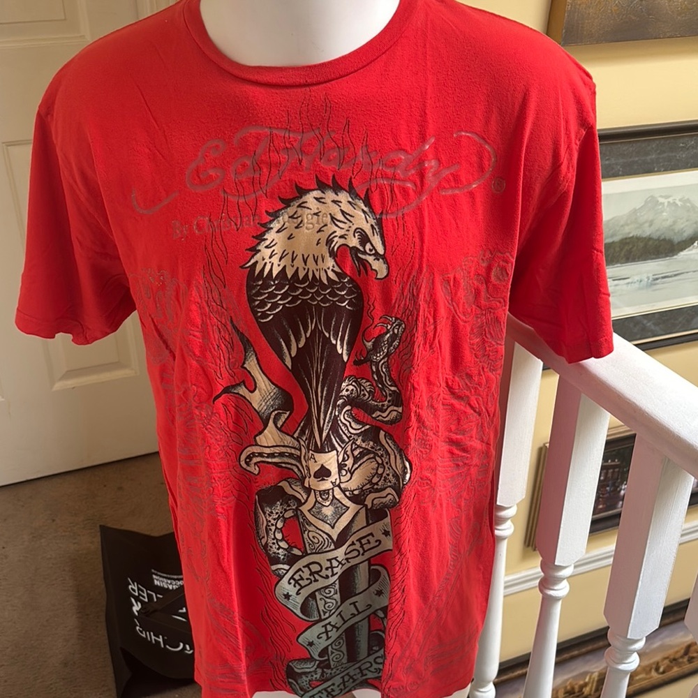 Ed Hardy Red Short Sleeve Tee with Graphic Design